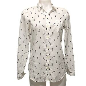 Old Navy Americana White Button Front Cotton Shirt With Guitar Print SZ SM